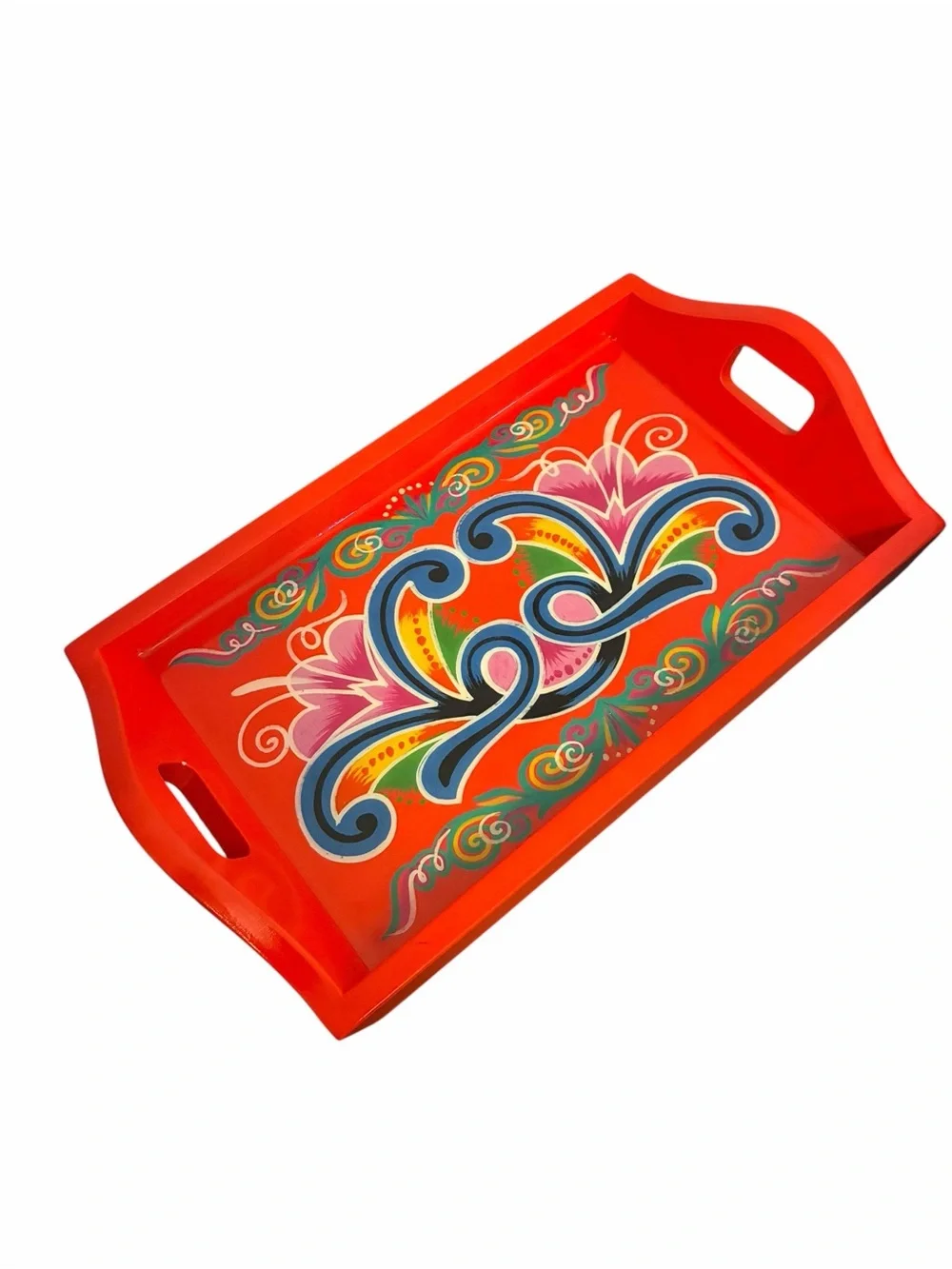 Vintage Red Wooden Rosemaling Serving Tray Hand Painted Floral Folk Art Handle
